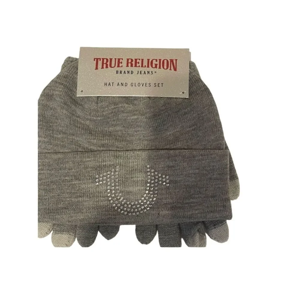 True Religion Gray Knit Beanie and matching gloves